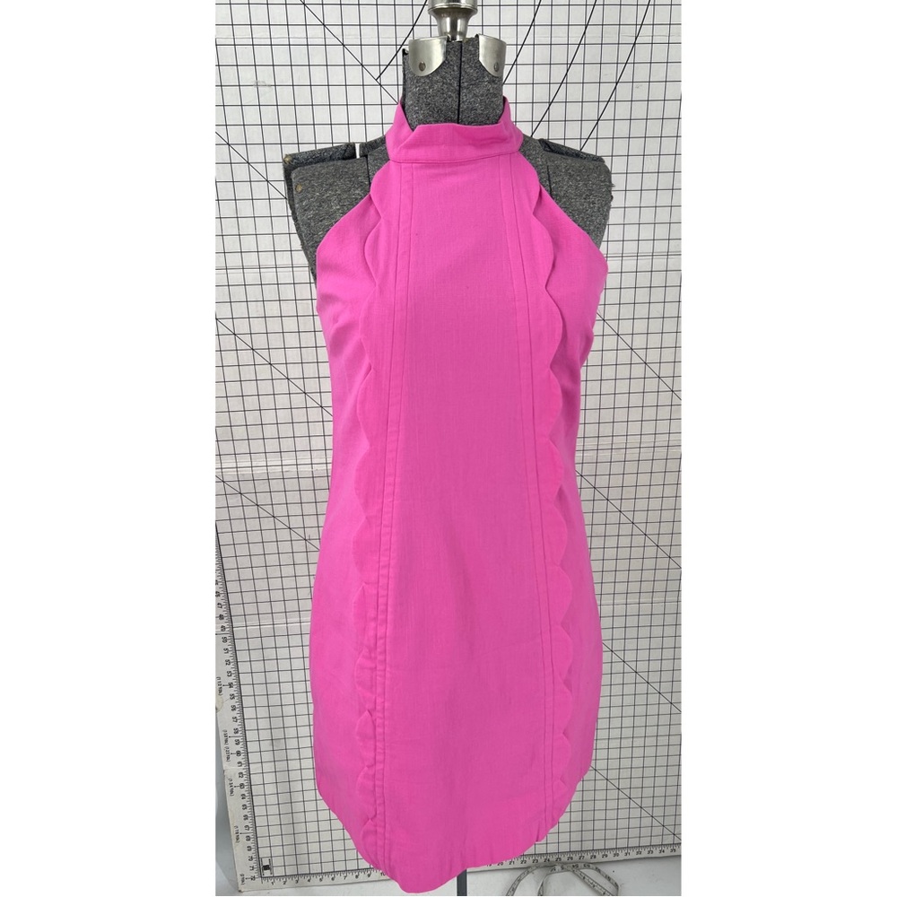 CK Bradley, pink scalloped ruffle ,lined halter neck dress L
